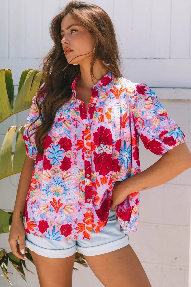 Pink Floral Print Bubble Sleeve Button Up Pleated Shirt - Love Salve